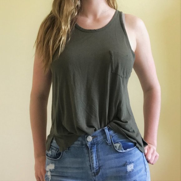 American Eagle Outfitters Tops - American Eagle Olive Green Pocket Tank Top